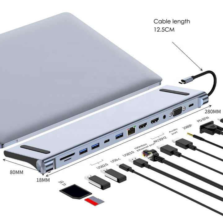 12 in 1 Laptop USB-C Hub Adapter with HDTV Ethernet Multiport USB 3.0 Universal Type C Docking Station for Macbook Pro