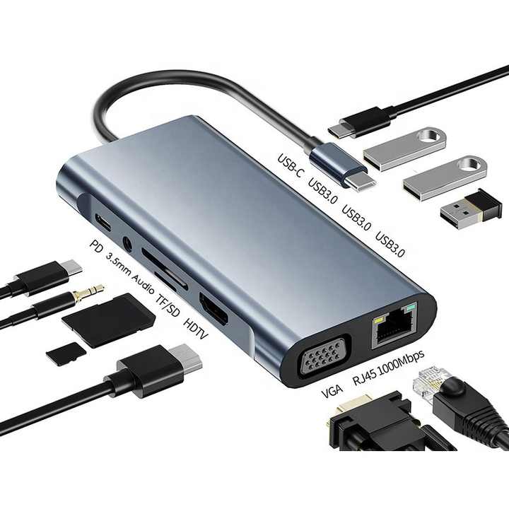 Docking Station VGA HDMI Hub Type-C/M 11 In 1 USB 3.0 Type-c Multiport Data Video Audio Output Computer Adapter SD Card Reader