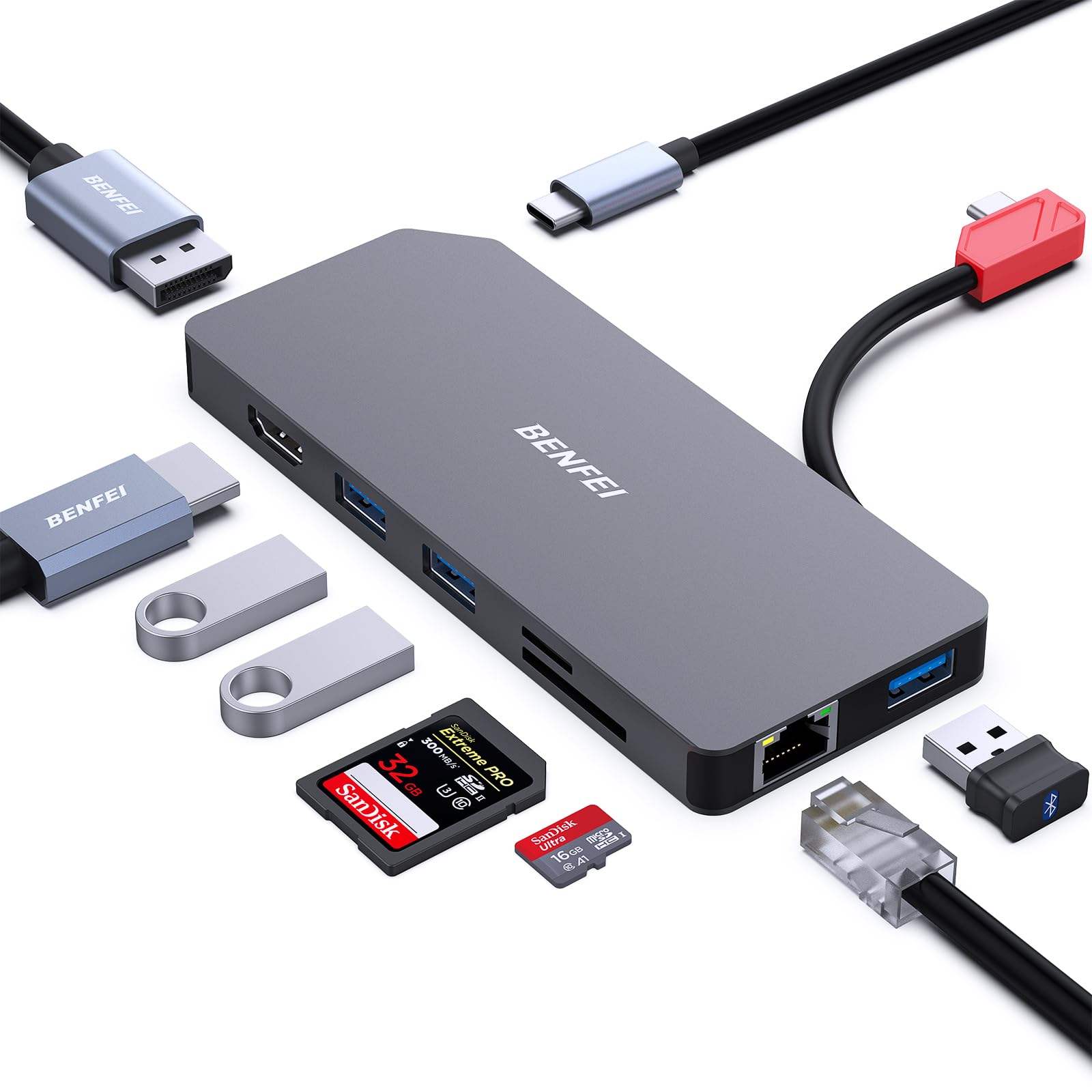 BENFEI 9-in-1 Portable Docking Station, USB C MST Hub to HDMI- DisplayPort Dual Monitor/3*USB Type-A/1*USB Type-C(10Gbps+100W PD