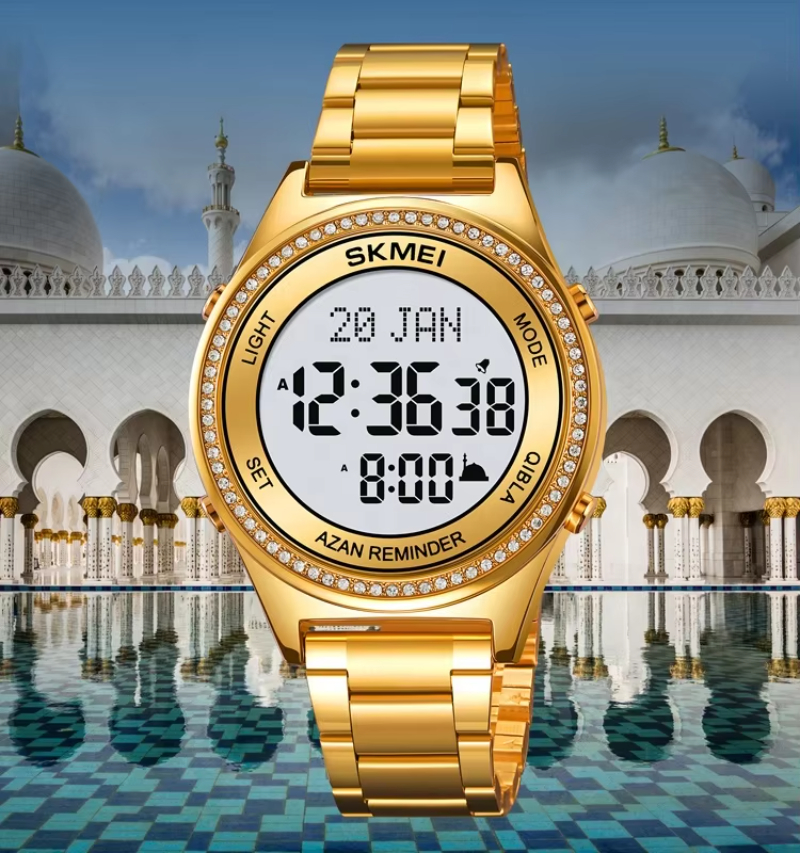 High Quality Muslim Prayer Watch Stainless Steel Arabic Islamic Azan Watch Qibla Timepiece Compass Direction Prayer Time