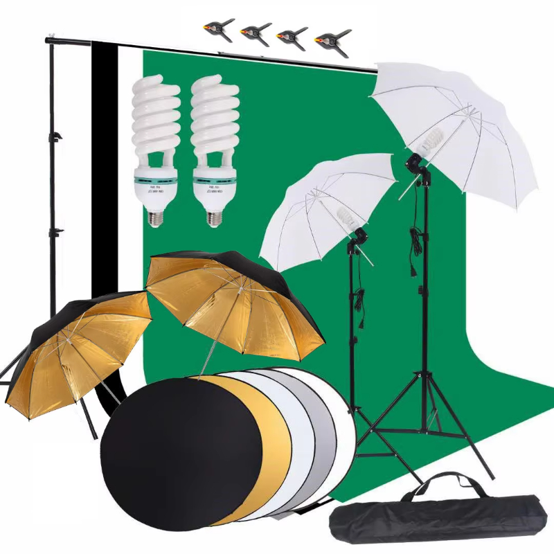 Photo Studio Lighting Set Green Black White Background White Gold Umbrella and Reflcetor Photography Accessories