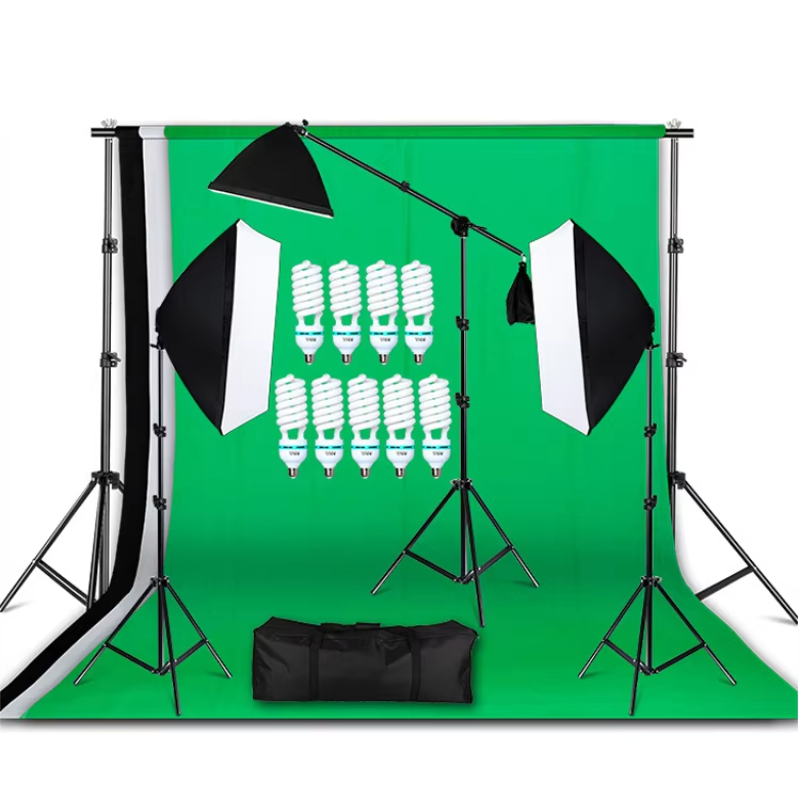 Photo Studio Set 3 Video Studio Continuous Light Softbox with Photographic Bulb and Background Stand System
