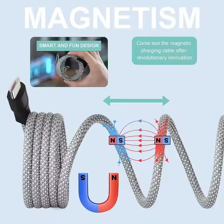 Magnetic Cable Type C 60W Charging Magnetic Coiled USBC Cord Bio Magnetic Charger Data Cable Magnetic Usb C To Usb C Cable