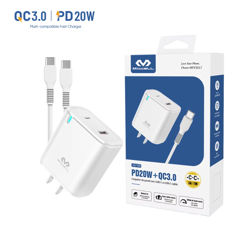 Miccell fast charging usb c charger 20W pd plug 2port usb-c type c fast wall charger portable cell phone charger for iphone