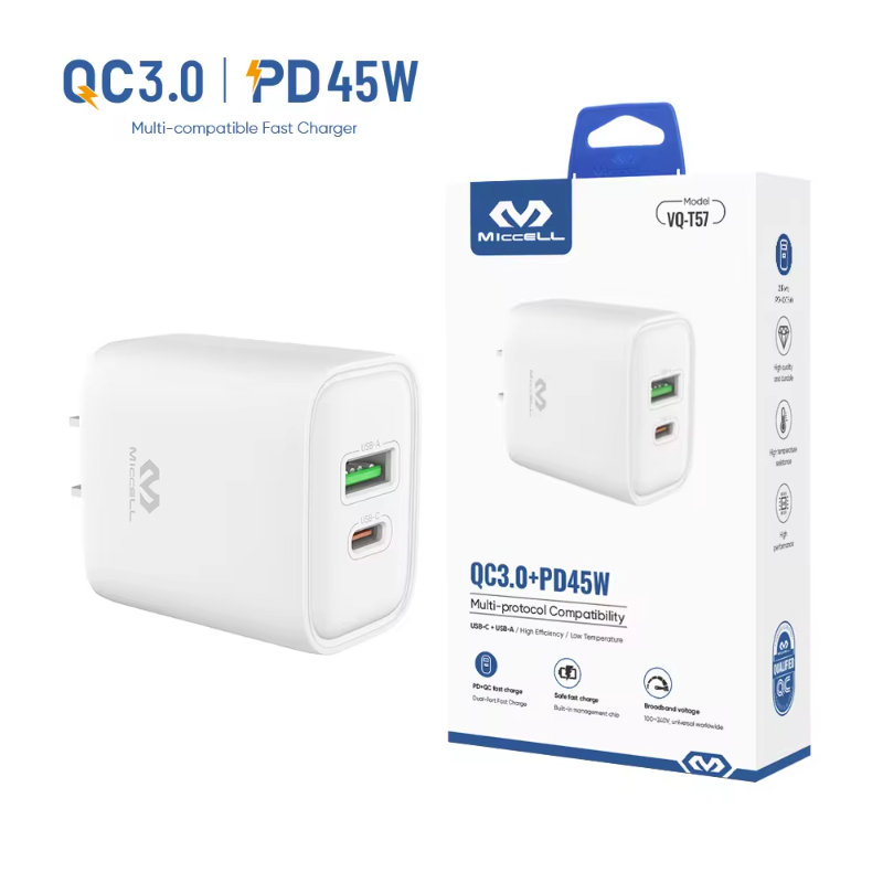 Miccell Type c mobile phone chargers for samsung 45w super fast charger pd 45w usb c power adapter dual usb charger