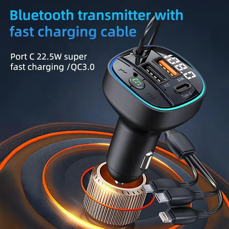 Car mounted one to three data cable PD20W C-type car charger BT5.0 Bluetooth MP3 music player FM transmitter