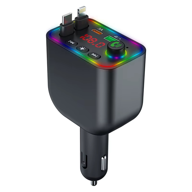 Car phone charger 120W telescopic cable super fast charging four in one car Bluetooth MP3 player FM transmitter