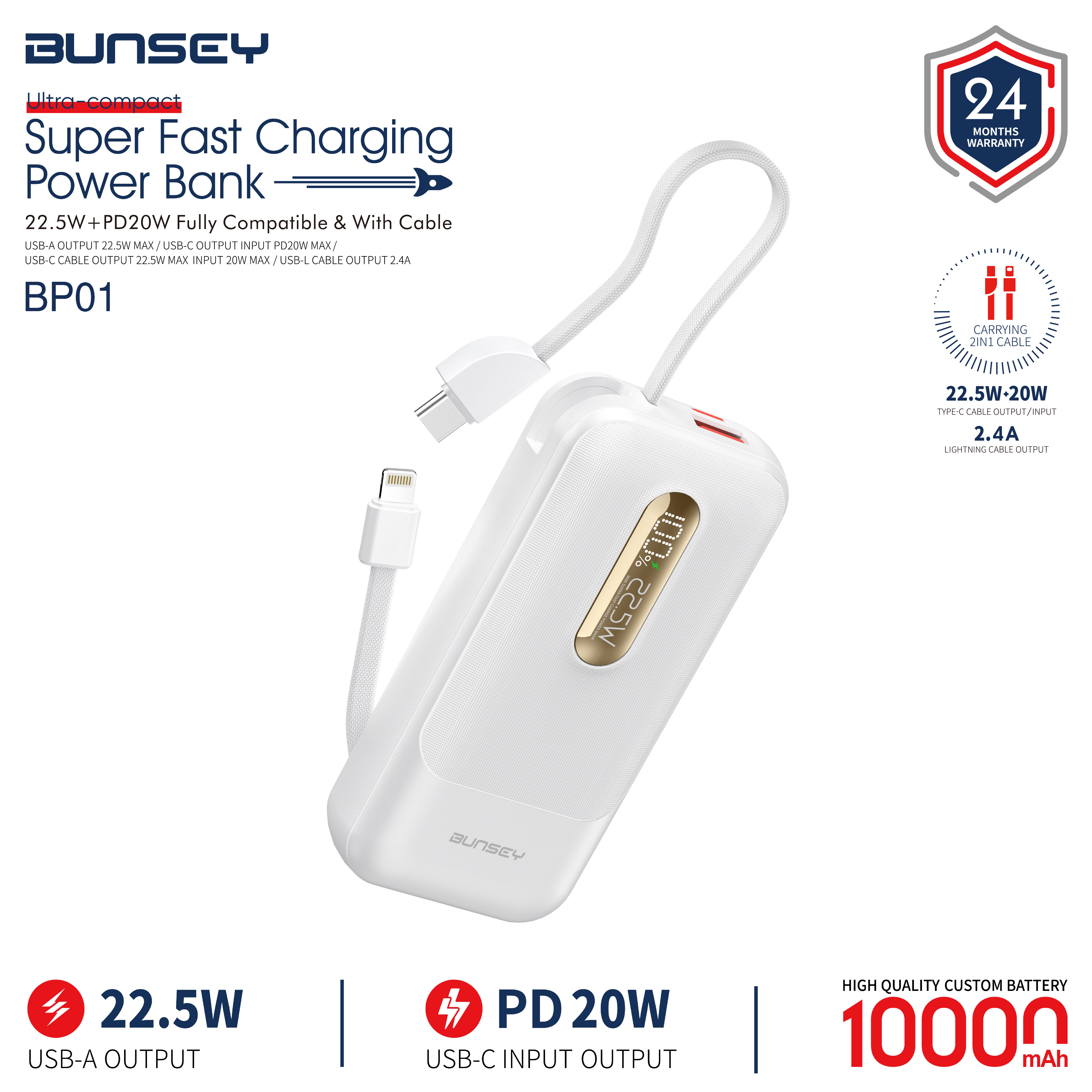 Super Fast ChargingPower Bank 22.5W+PD20W Fully Compatible & With Cable BP01