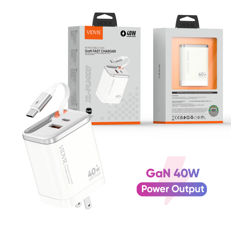 VIDVIE XL-PLM327 US Retratcable Cord GaN 40W Fast Charger