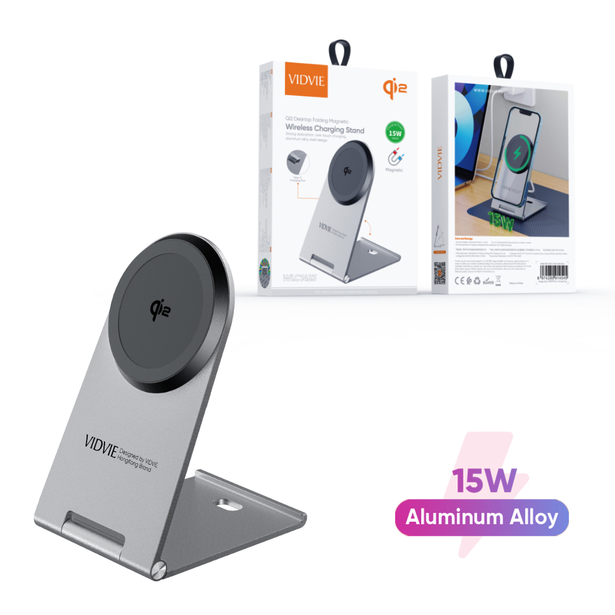 VIDVIE WLC1423 Foldable Qi2 Certified 15W Magnetic Wireless Charging Charger Stand Holder