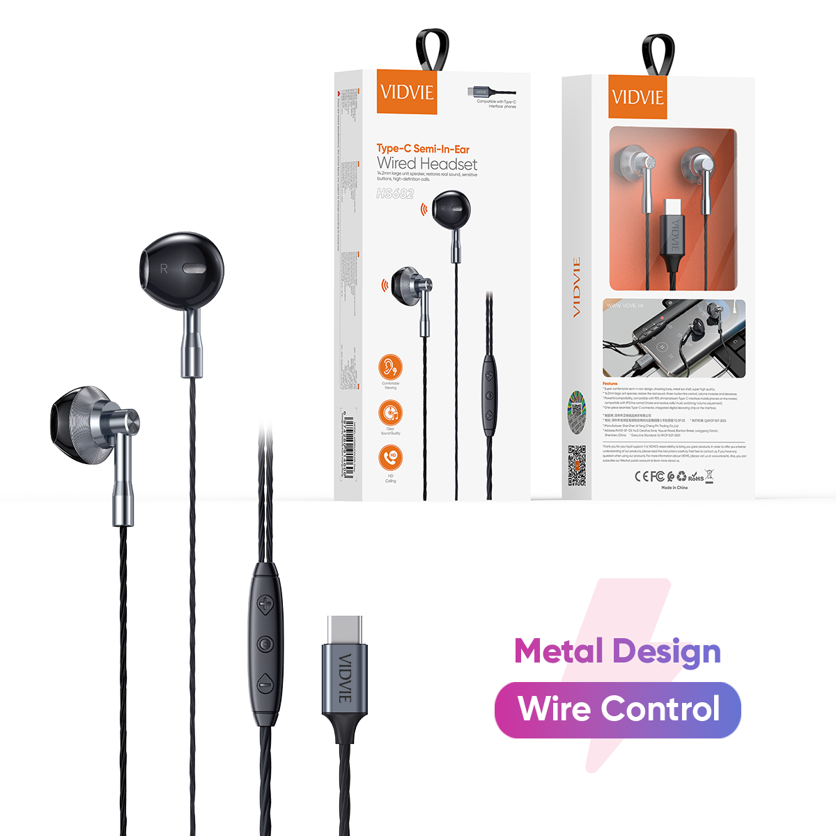 VIDVIE HS682 Type C Half in Ear Iem Earphones With Mic Music Control
