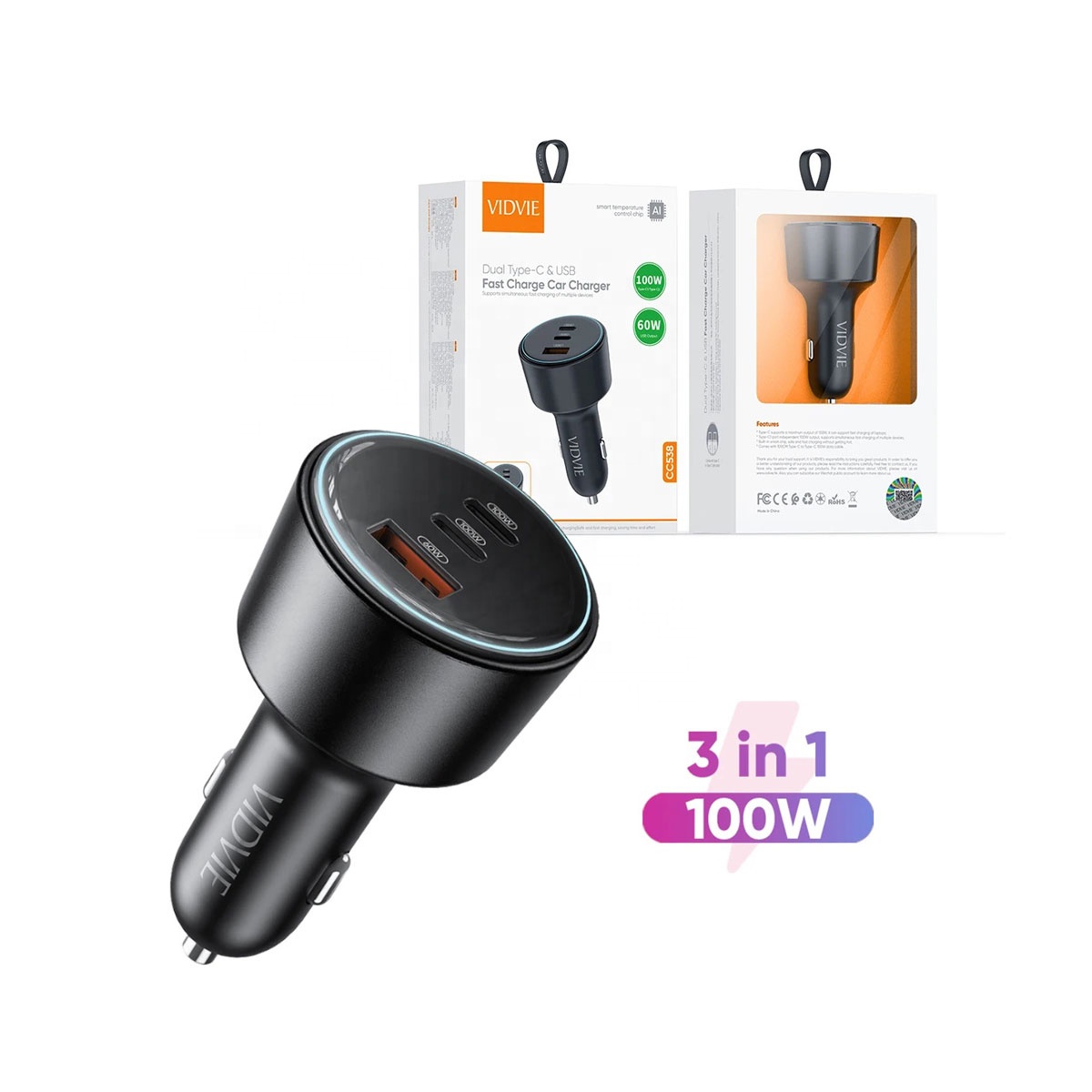 VIDVIE CC538 LED Dual Type C 100W 60W Fast Charge Car Charger