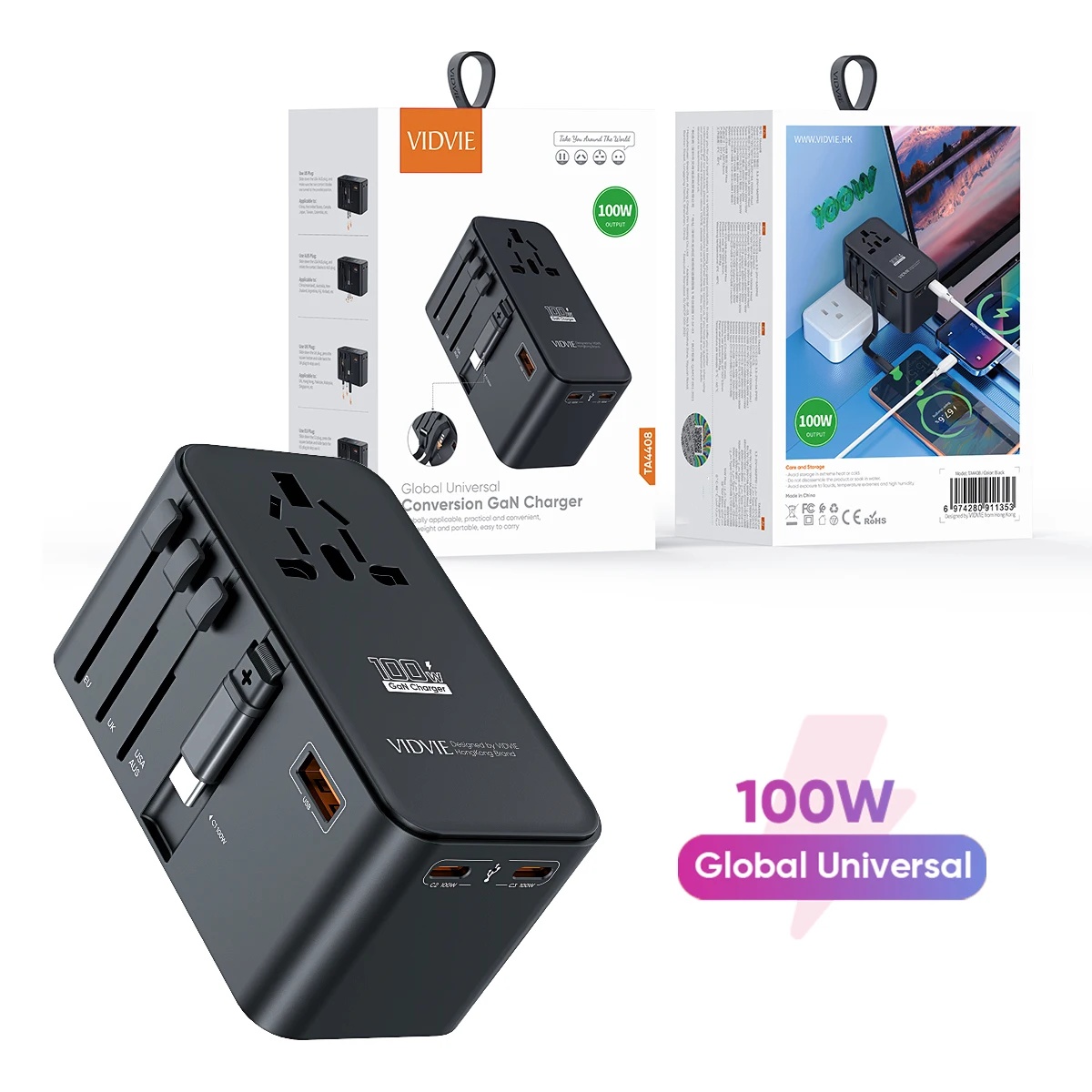 VIDVIE TA4408 Universal Global Travel 100W AC Plug Adapter