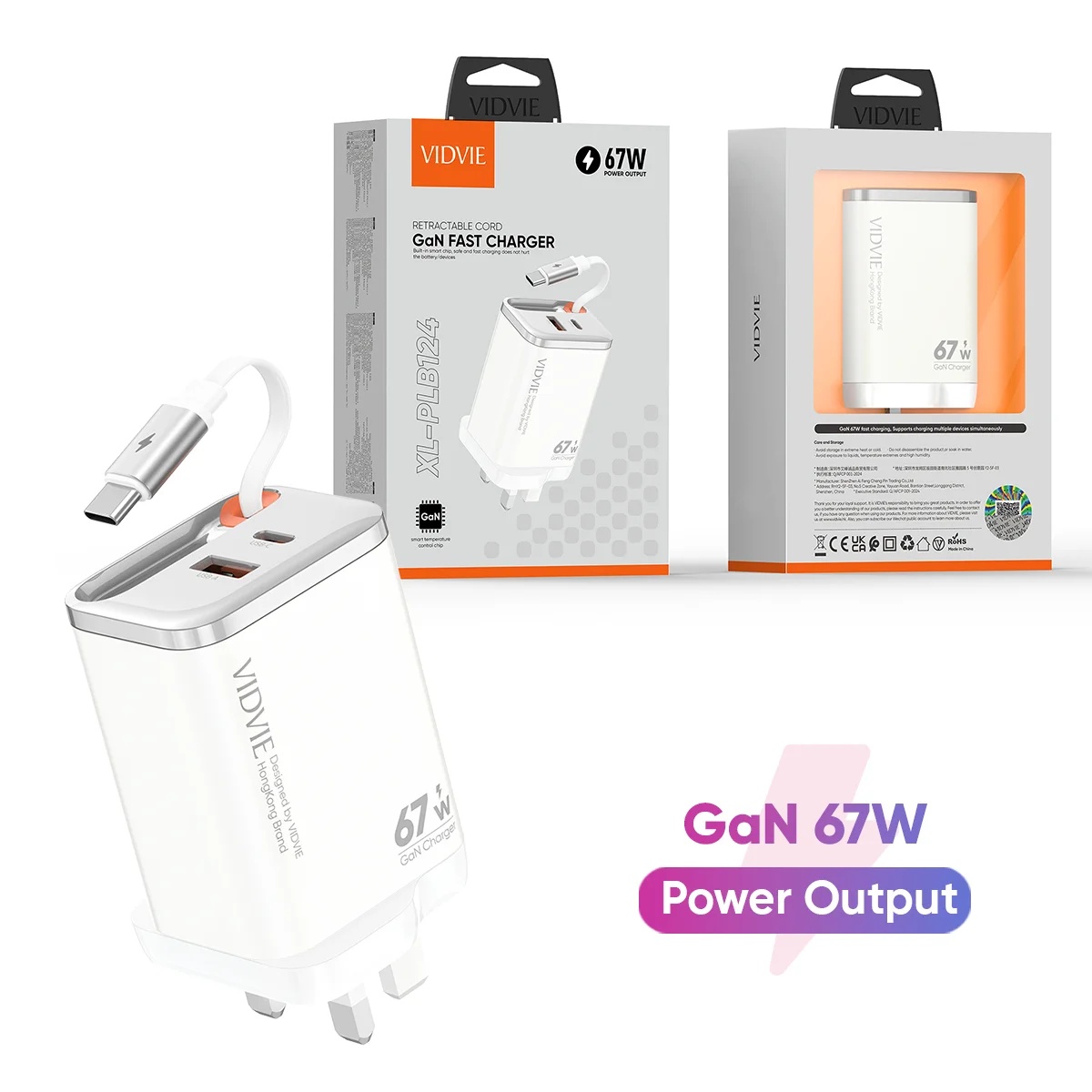 VIDVIE XL-PLB124 Retratcable Cord GaN 67W Fast Charger