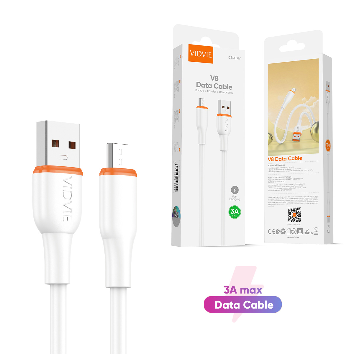 VIDVIE CB4031v PVC 3A Fast Charging Micro USB Data Cable
